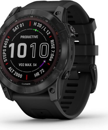 241 / 5,000 Garmin Fenix ​​​​7X Sapphire - Smartwatch de aventura de tamanho maior, capacidade de carregamento solar, relógio robusto para exterior com GPS, tela sensível ao toque, recursos de bem-estar, titânio DLC preto com faixa preta